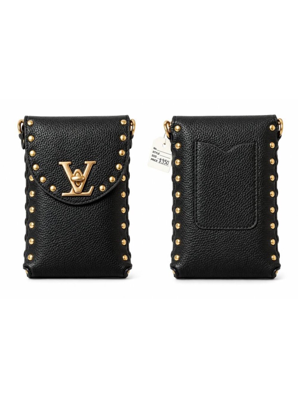 Black Pebbled Textured Crossbody Phone Purse with Gold Studs and LV Style Emblem